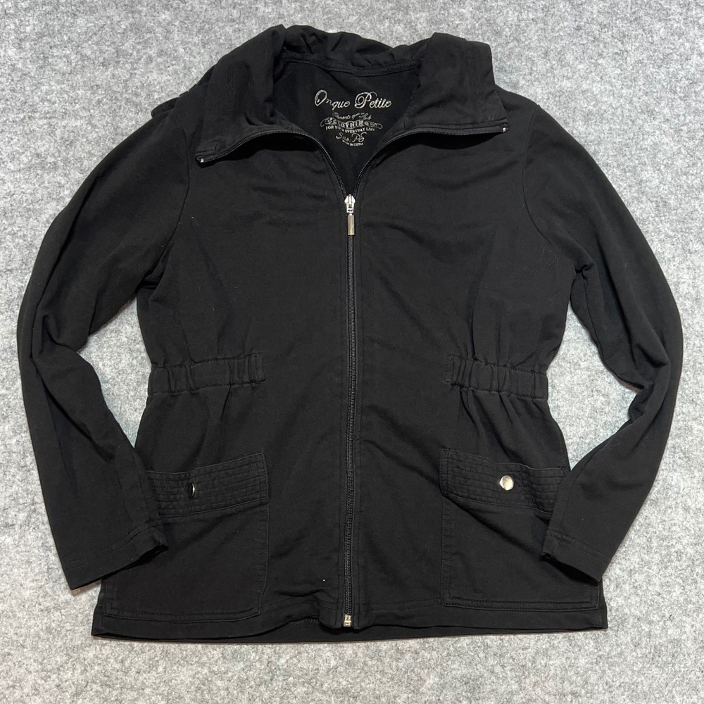 Onque‎ Petite Lightweight Black Full Zip Utility Jacket Cinched Waist Womens PS